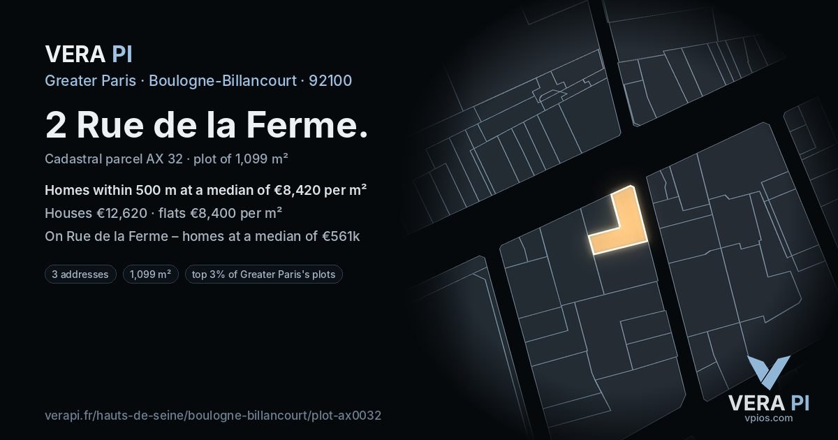 2 Rue de la Ferme, Boulogne-Billancourt at night – the plot lit, the parcels around coloured by the prices near them