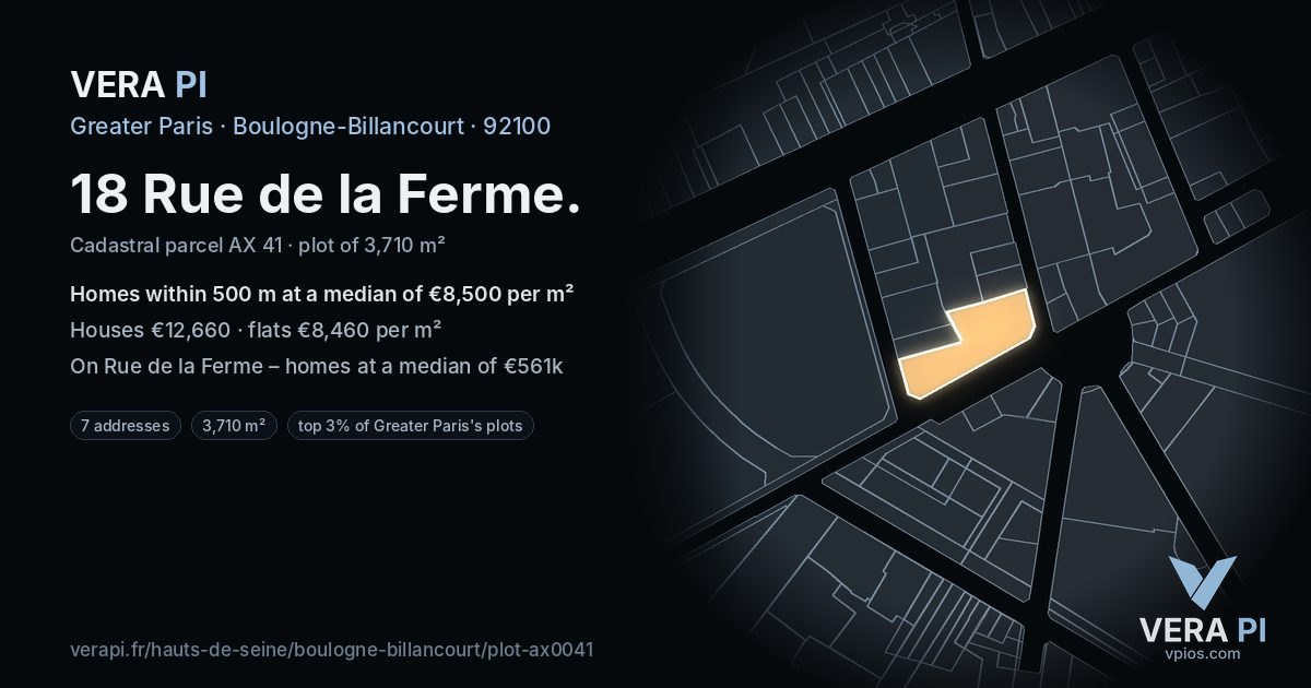 18 Rue de la Ferme, Boulogne-Billancourt at night – the plot lit, the parcels around coloured by the prices near them