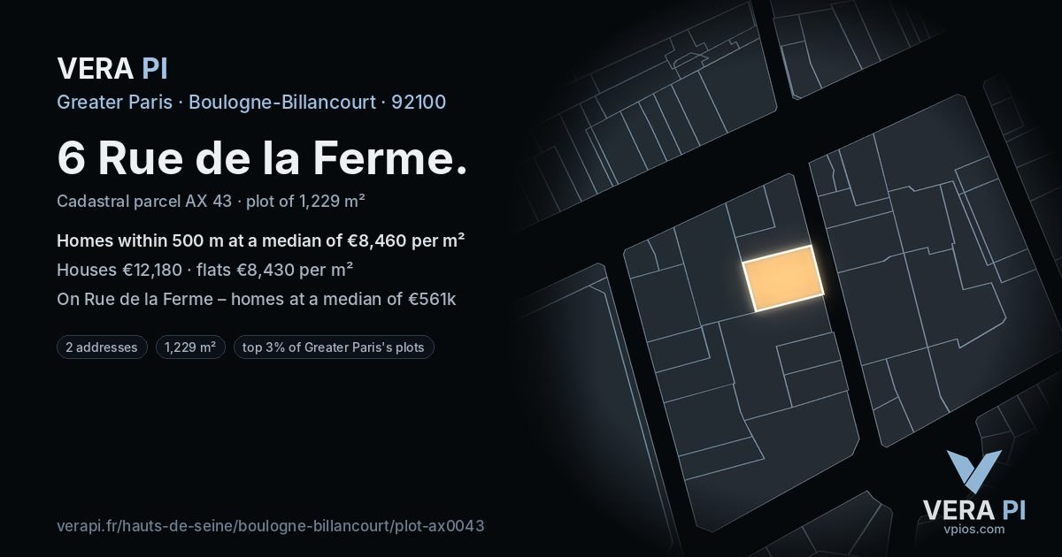6 Rue de la Ferme, Boulogne-Billancourt at night – the plot lit, the parcels around coloured by the prices near them