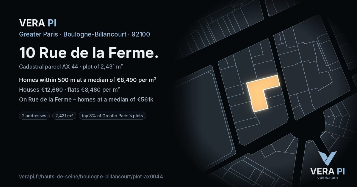 10 Rue de la Ferme, Boulogne-Billancourt at night – the plot lit, the parcels around coloured by the prices near them