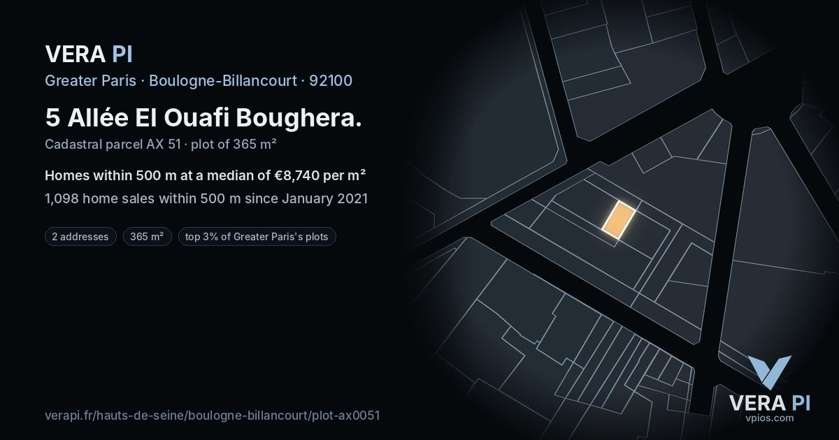 5 Allée El Ouafi Boughera, Boulogne-Billancourt at night – the plot lit, the parcels around coloured by the prices near them