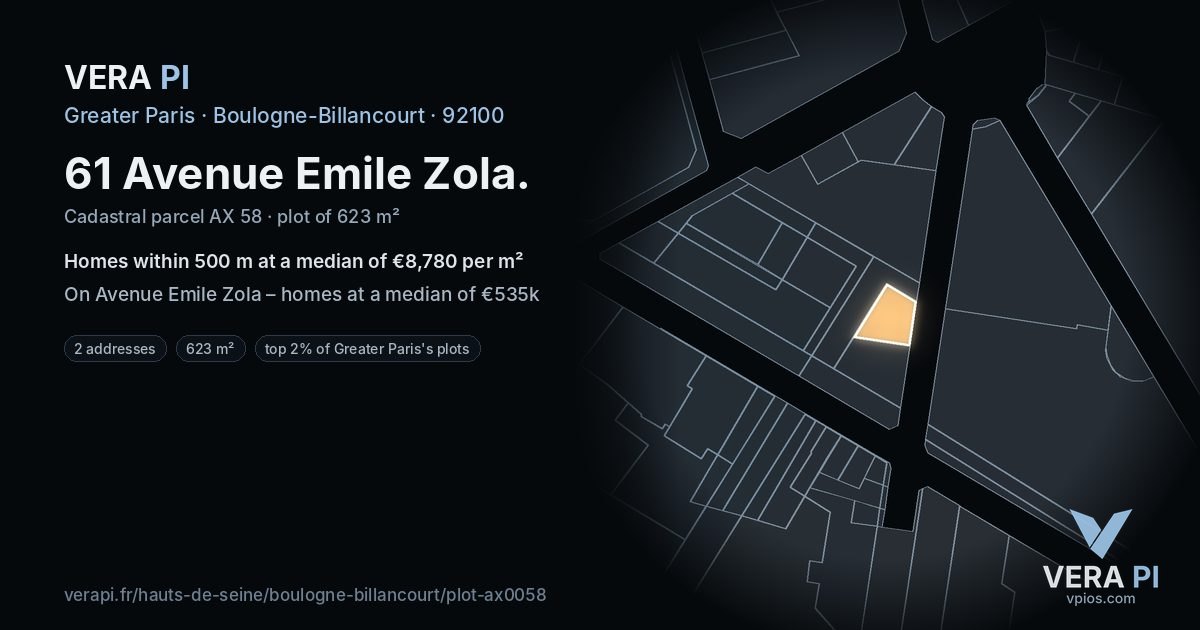 61 Avenue Emile Zola, Boulogne-Billancourt at night – the plot lit, the parcels around coloured by the prices near them