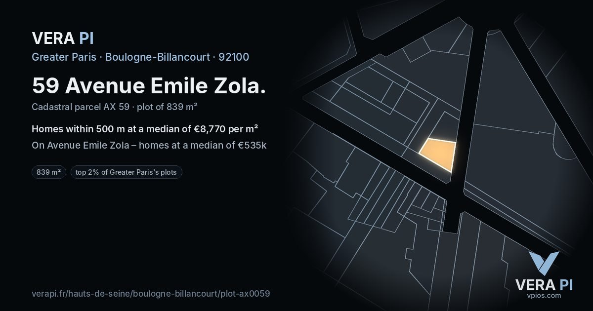 59 Avenue Emile Zola, Boulogne-Billancourt at night – the plot lit, the parcels around coloured by the prices near them