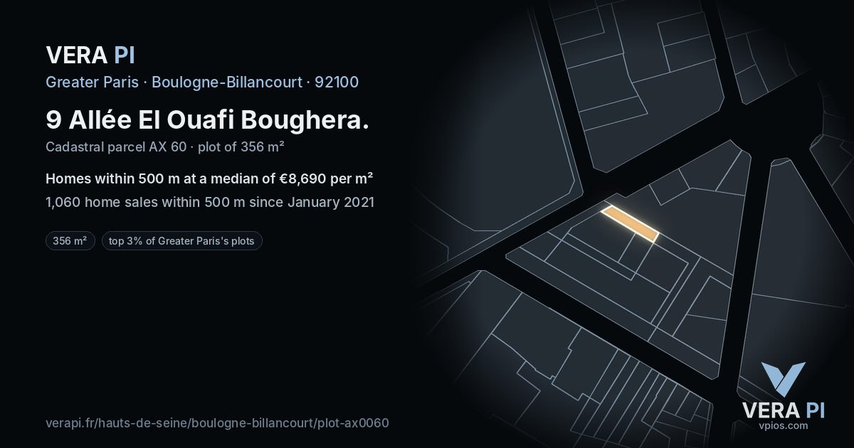 9 Allée El Ouafi Boughera, Boulogne-Billancourt at night – the plot lit, the parcels around coloured by the prices near them