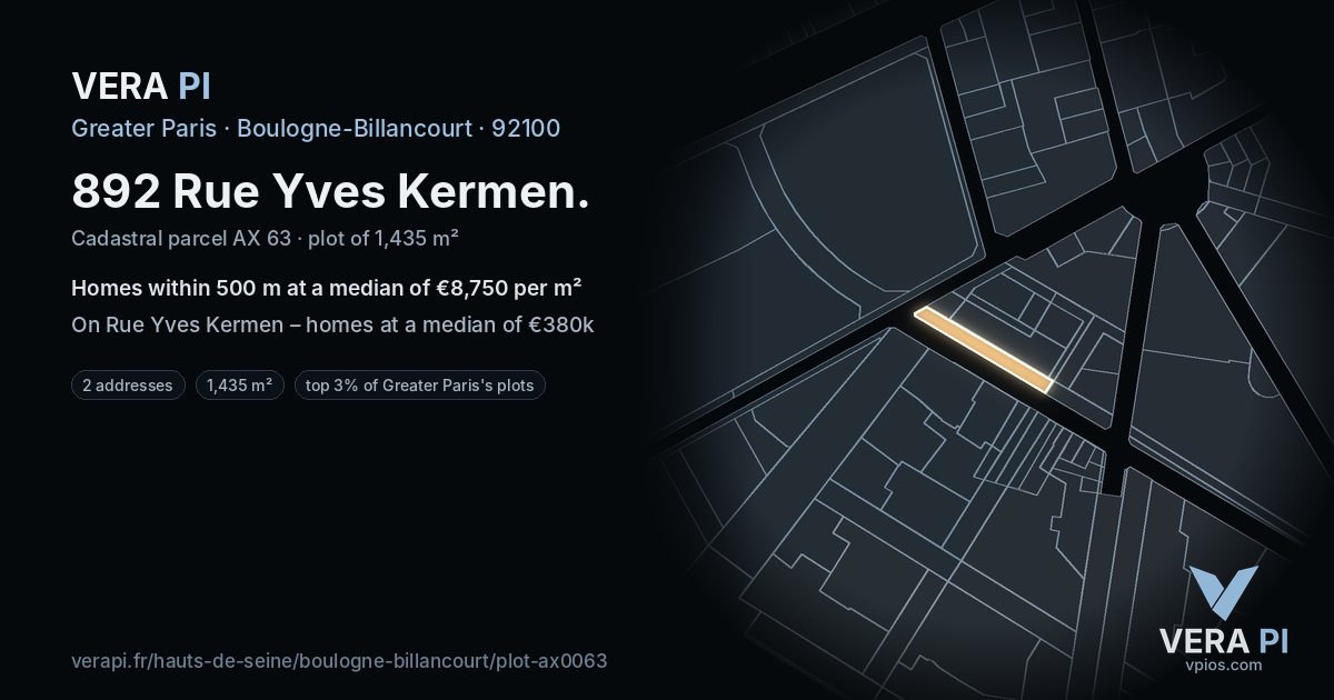 892 Rue Yves Kermen, Boulogne-Billancourt at night – the plot lit, the parcels around coloured by the prices near them