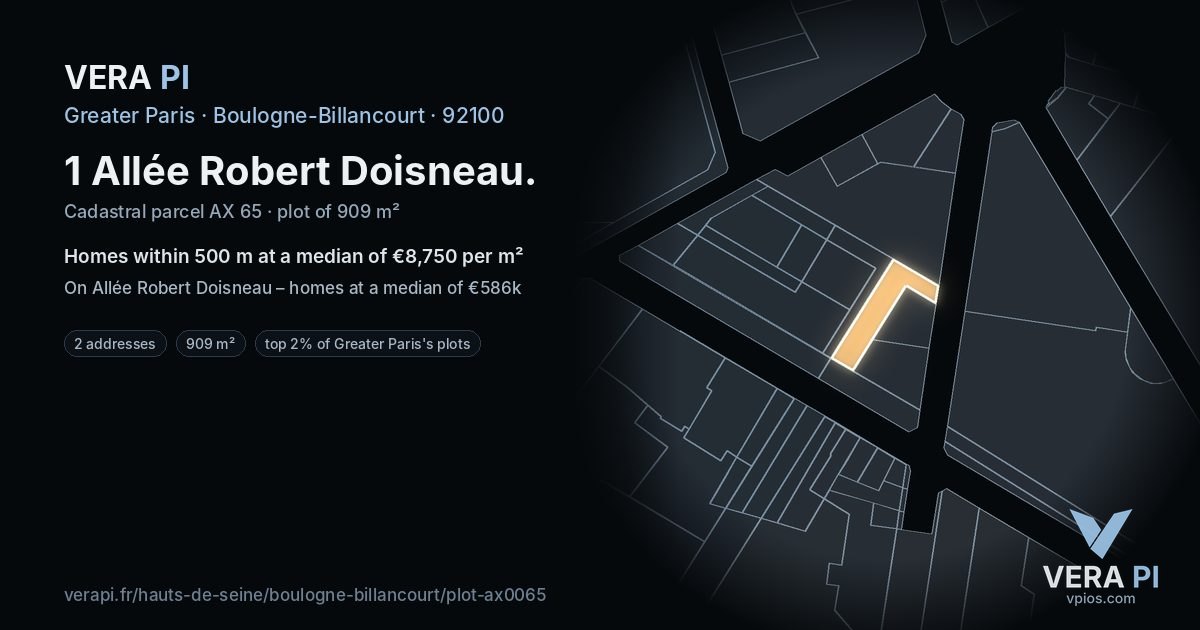 1 Allée Robert Doisneau, Boulogne-Billancourt at night – the plot lit, the parcels around coloured by the prices near them
