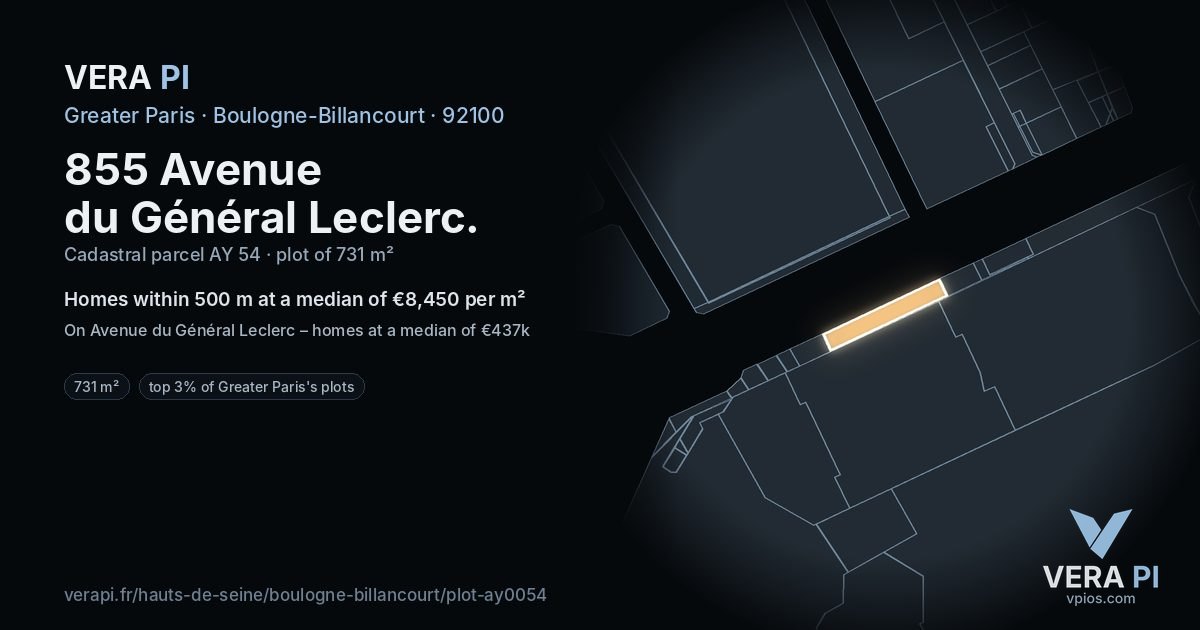 855 Avenue du Général Leclerc, Boulogne-Billancourt at night – the plot lit, the parcels around coloured by the prices near them