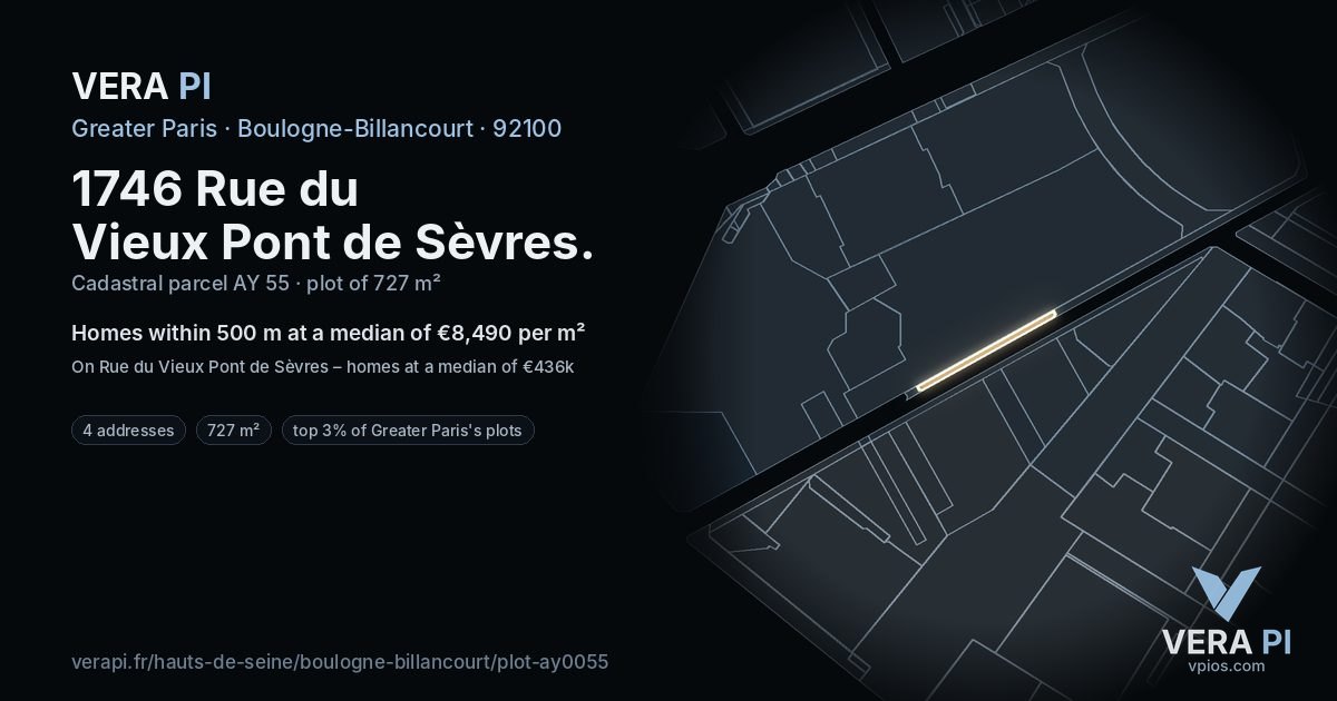 1746 Rue du Vieux Pont de Sèvres, Boulogne-Billancourt at night – the plot lit, the parcels around coloured by the prices near them