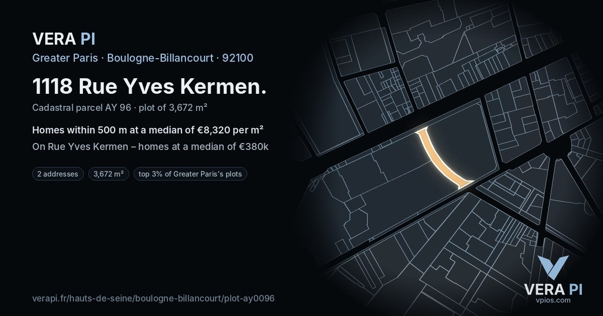 1118 Rue Yves Kermen, Boulogne-Billancourt at night – the plot lit, the parcels around coloured by the prices near them