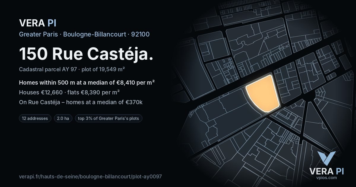 150 Rue Castéja, Boulogne-Billancourt at night – the plot lit, the parcels around coloured by the prices near them