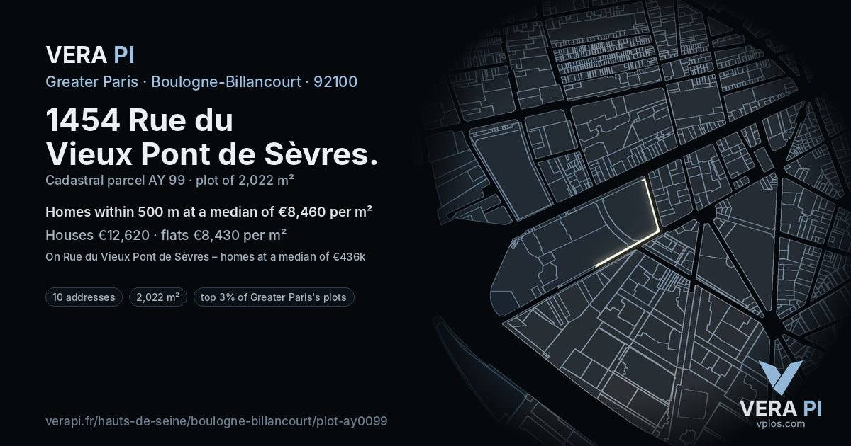 1454 Rue du Vieux Pont de Sèvres, Boulogne-Billancourt at night – the plot lit, the parcels around coloured by the prices near them