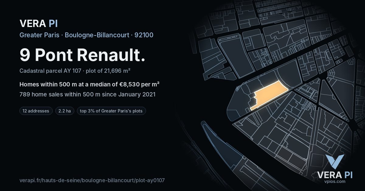 9 Pont Renault, Boulogne-Billancourt at night – the plot lit, the parcels around coloured by the prices near them