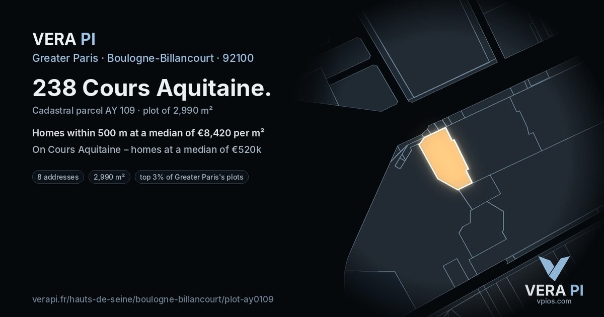 238 Cours Aquitaine, Boulogne-Billancourt at night – the plot lit, the parcels around coloured by the prices near them