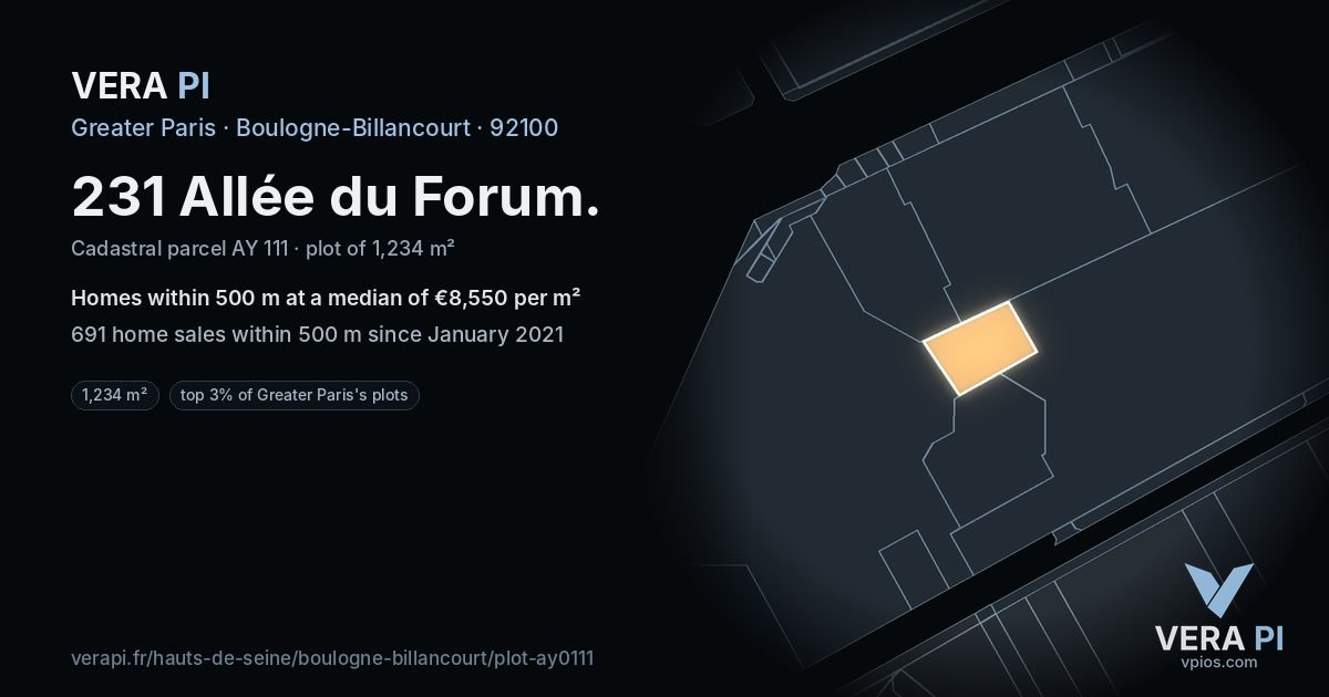 231 Allée du Forum, Boulogne-Billancourt at night – the plot lit, the parcels around coloured by the prices near them