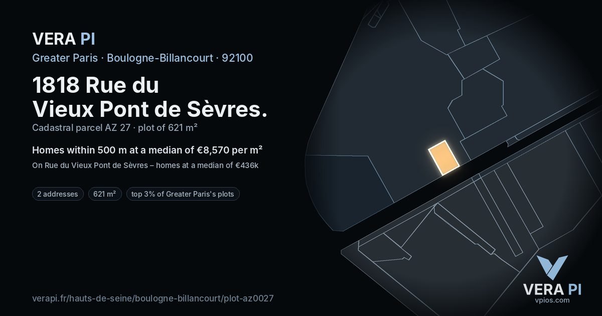 1818 Rue du Vieux Pont de Sèvres, Boulogne-Billancourt at night – the plot lit, the parcels around coloured by the prices near them