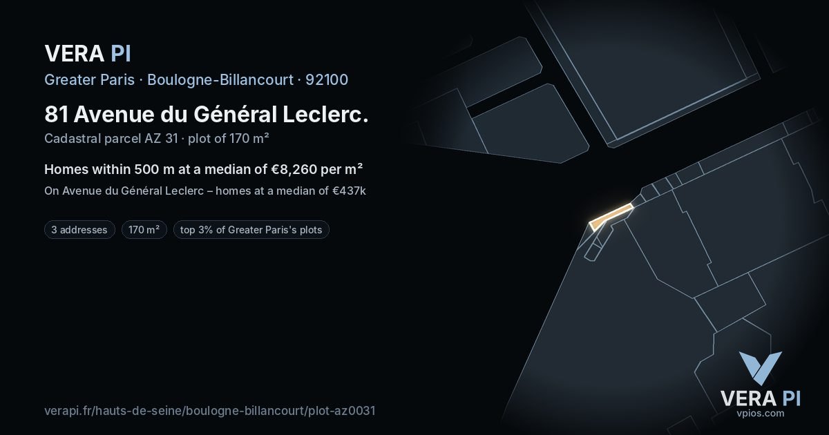 81 Avenue du Général Leclerc, Boulogne-Billancourt at night – the plot lit, the parcels around coloured by the prices near them