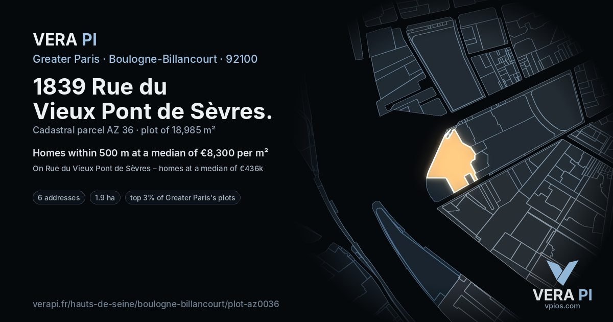 1839 Rue du Vieux Pont de Sèvres, Boulogne-Billancourt at night – the plot lit, the parcels around coloured by the prices near them