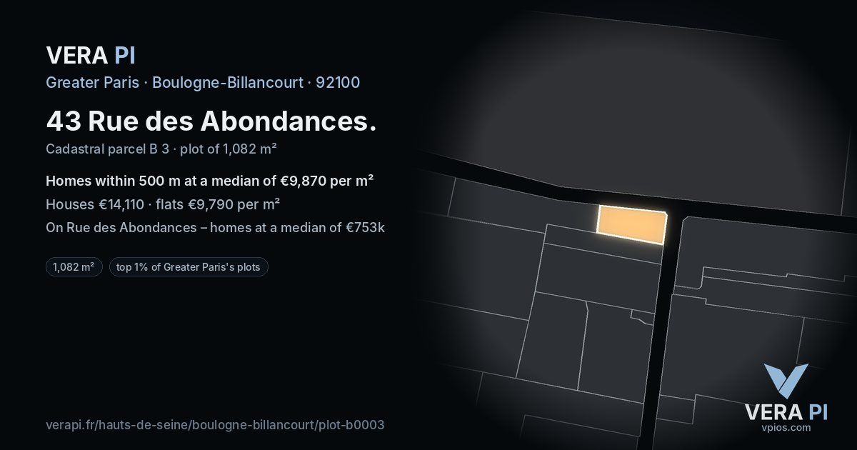 43 Rue des Abondances, Boulogne-Billancourt at night – the plot lit, the parcels around coloured by the prices near them