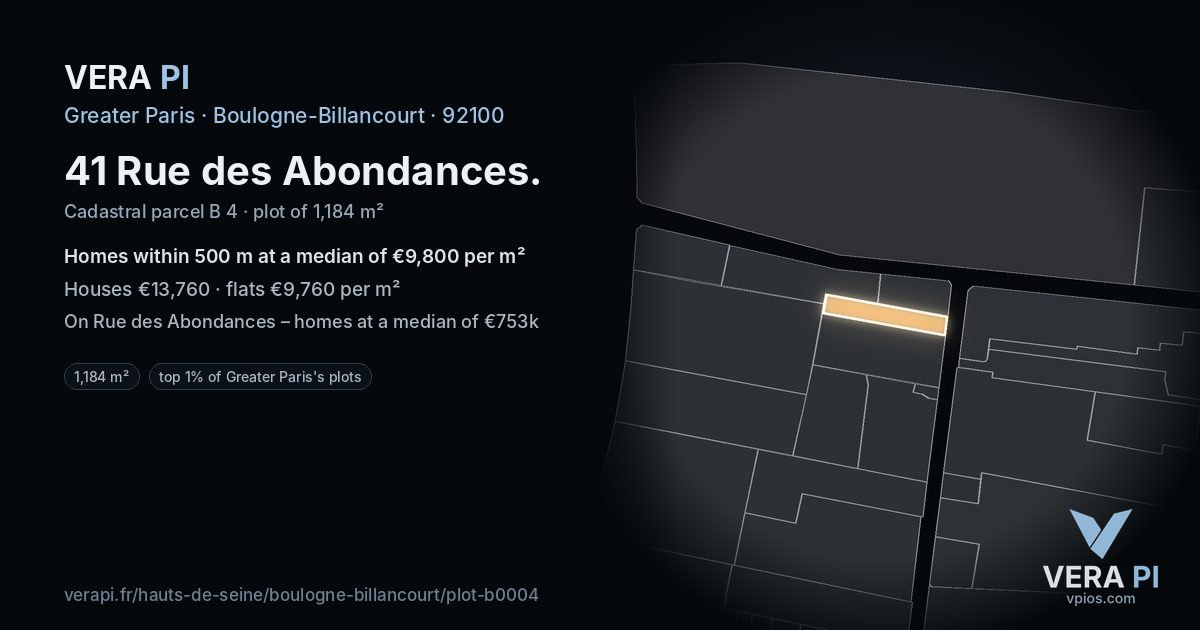 41 Rue des Abondances, Boulogne-Billancourt at night – the plot lit, the parcels around coloured by the prices near them