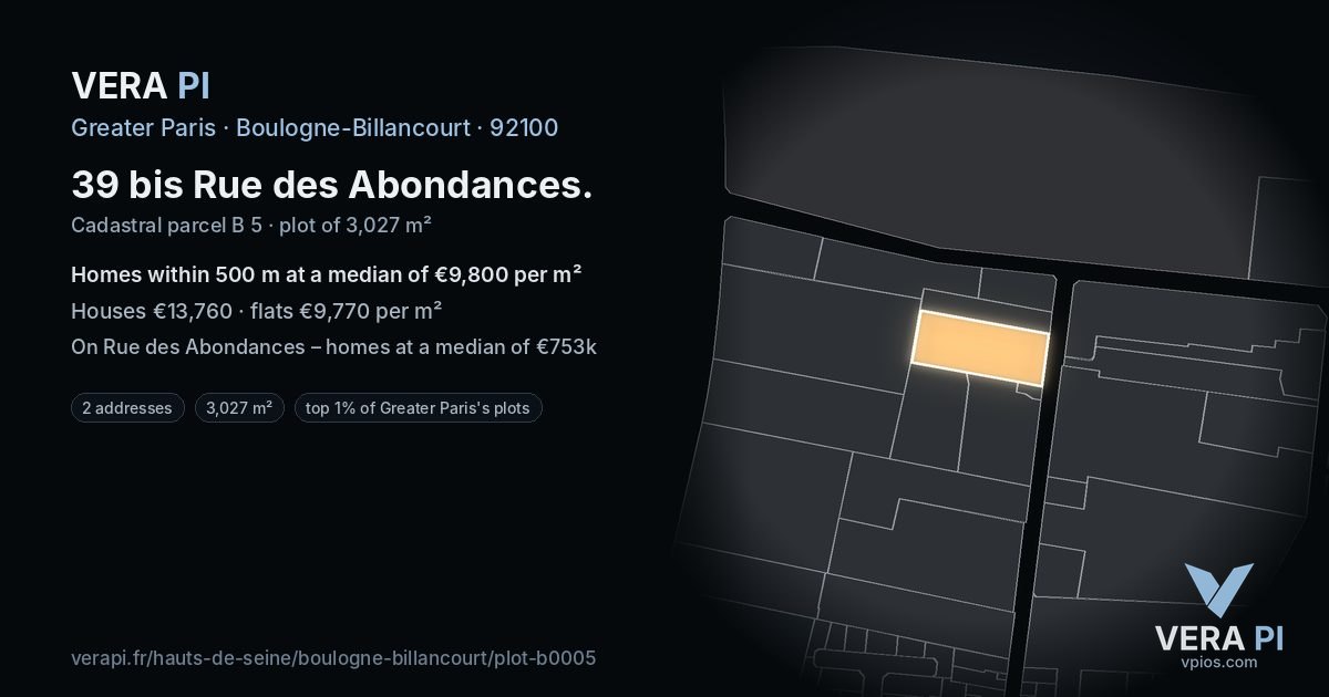 39 bis Rue des Abondances, Boulogne-Billancourt at night – the plot lit, the parcels around coloured by the prices near them