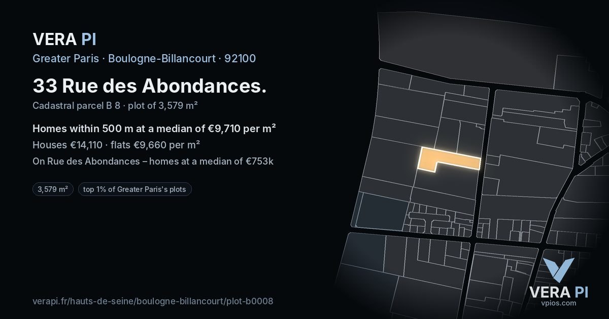33 Rue des Abondances, Boulogne-Billancourt at night – the plot lit, the parcels around coloured by the prices near them