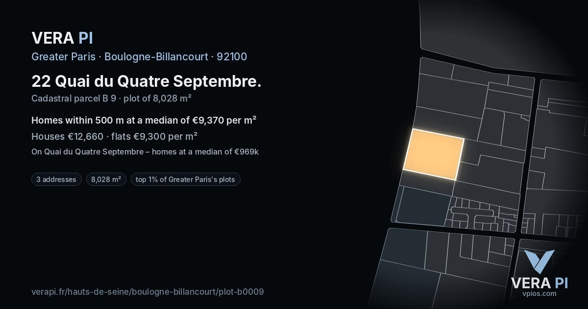22 Quai du Quatre Septembre, Boulogne-Billancourt at night – the plot lit, the parcels around coloured by the prices near them