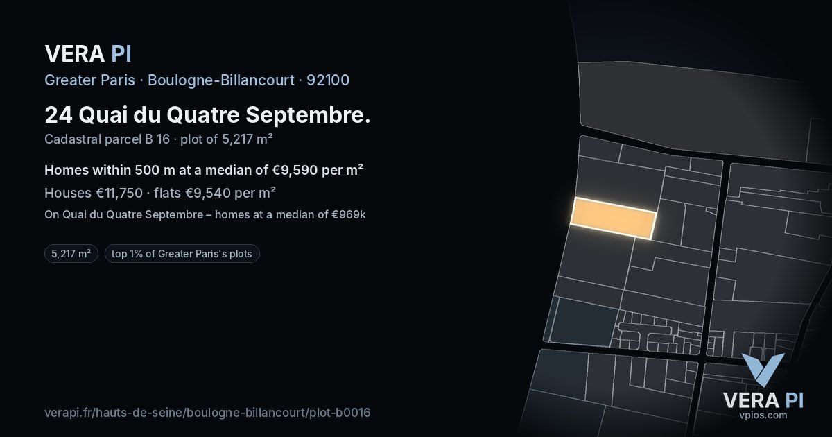 24 Quai du Quatre Septembre, Boulogne-Billancourt at night – the plot lit, the parcels around coloured by the prices near them