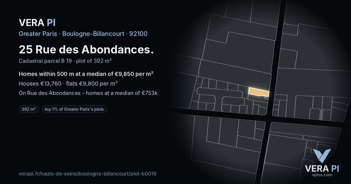 25 Rue des Abondances, Boulogne-Billancourt at night – the plot lit, the parcels around coloured by the prices near them