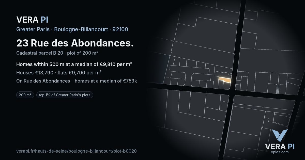 23 Rue des Abondances, Boulogne-Billancourt at night – the plot lit, the parcels around coloured by the prices near them