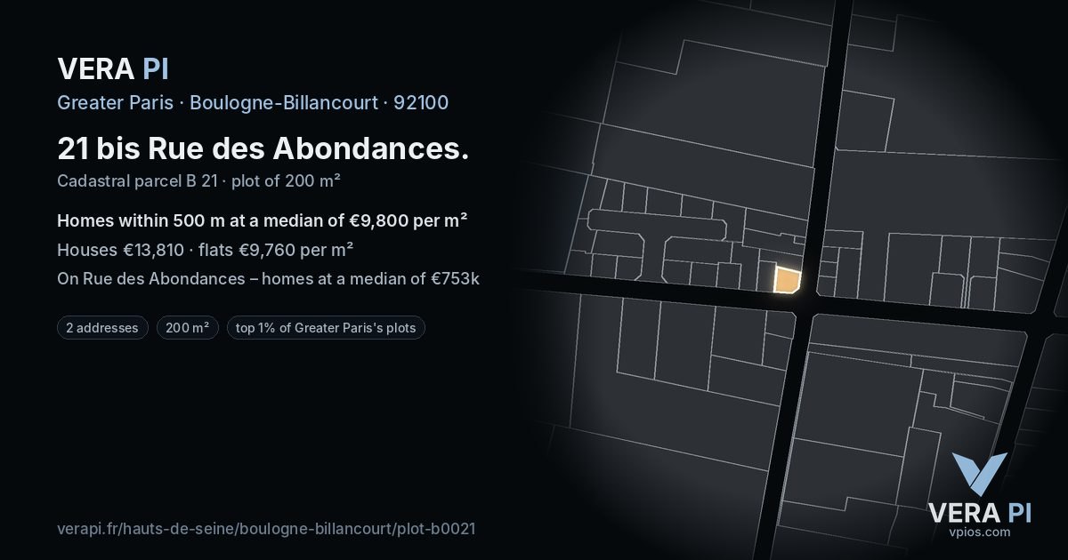 21 bis Rue des Abondances, Boulogne-Billancourt at night – the plot lit, the parcels around coloured by the prices near them