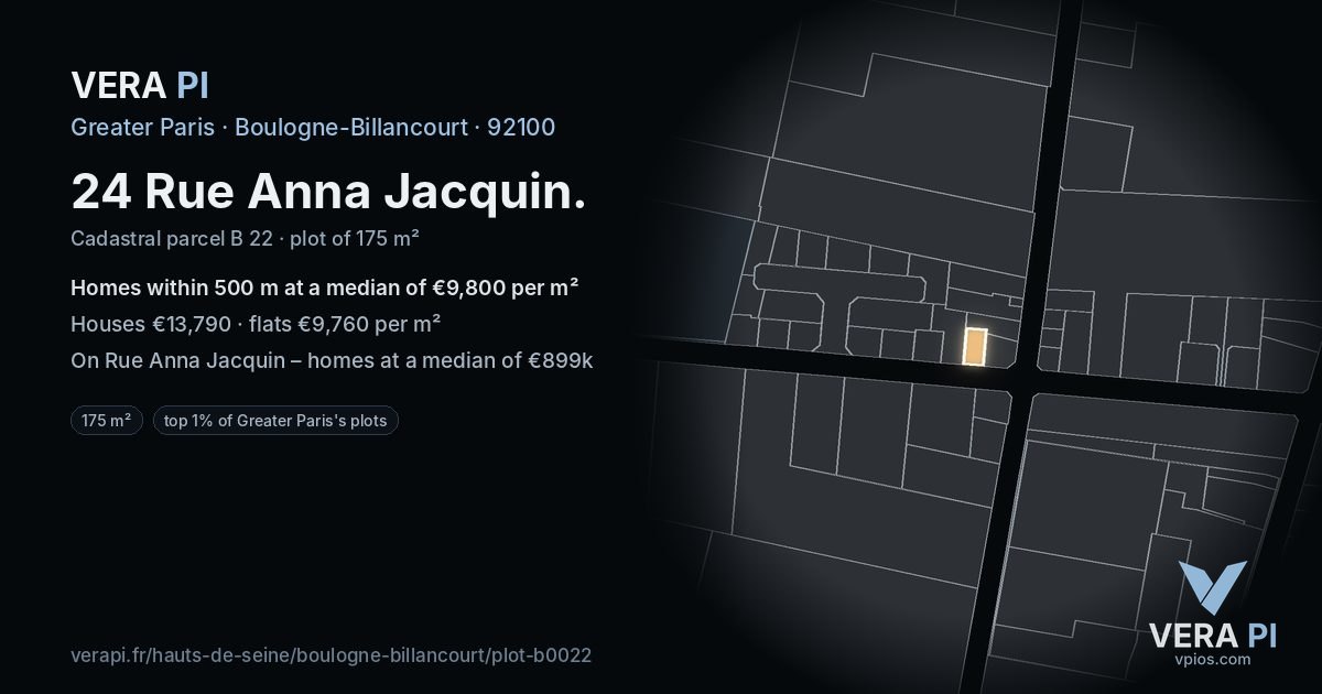 24 Rue Anna Jacquin, Boulogne-Billancourt at night – the plot lit, the parcels around coloured by the prices near them