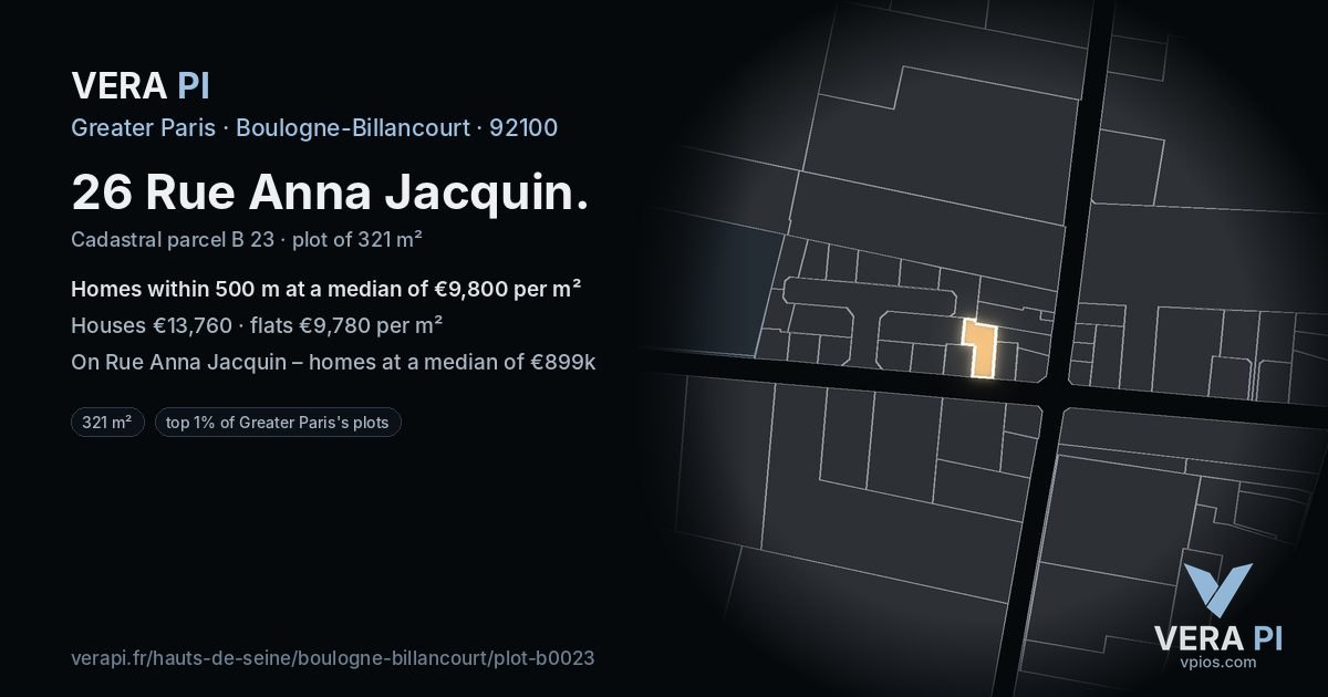 26 Rue Anna Jacquin, Boulogne-Billancourt at night – the plot lit, the parcels around coloured by the prices near them
