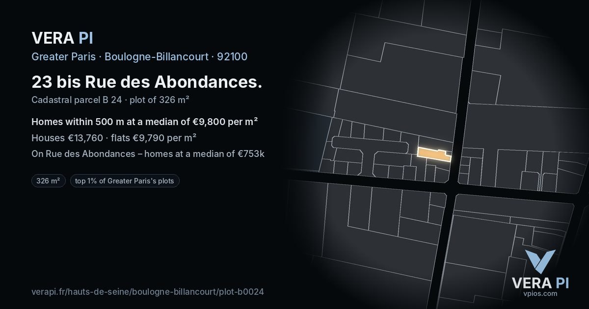 23 bis Rue des Abondances, Boulogne-Billancourt at night – the plot lit, the parcels around coloured by the prices near them