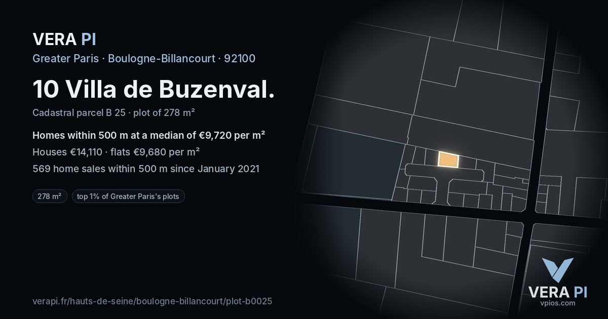 10 Villa de Buzenval, Boulogne-Billancourt at night – the plot lit, the parcels around coloured by the prices near them