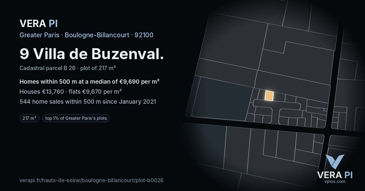 9 Villa de Buzenval, Boulogne-Billancourt at night – the plot lit, the parcels around coloured by the prices near them