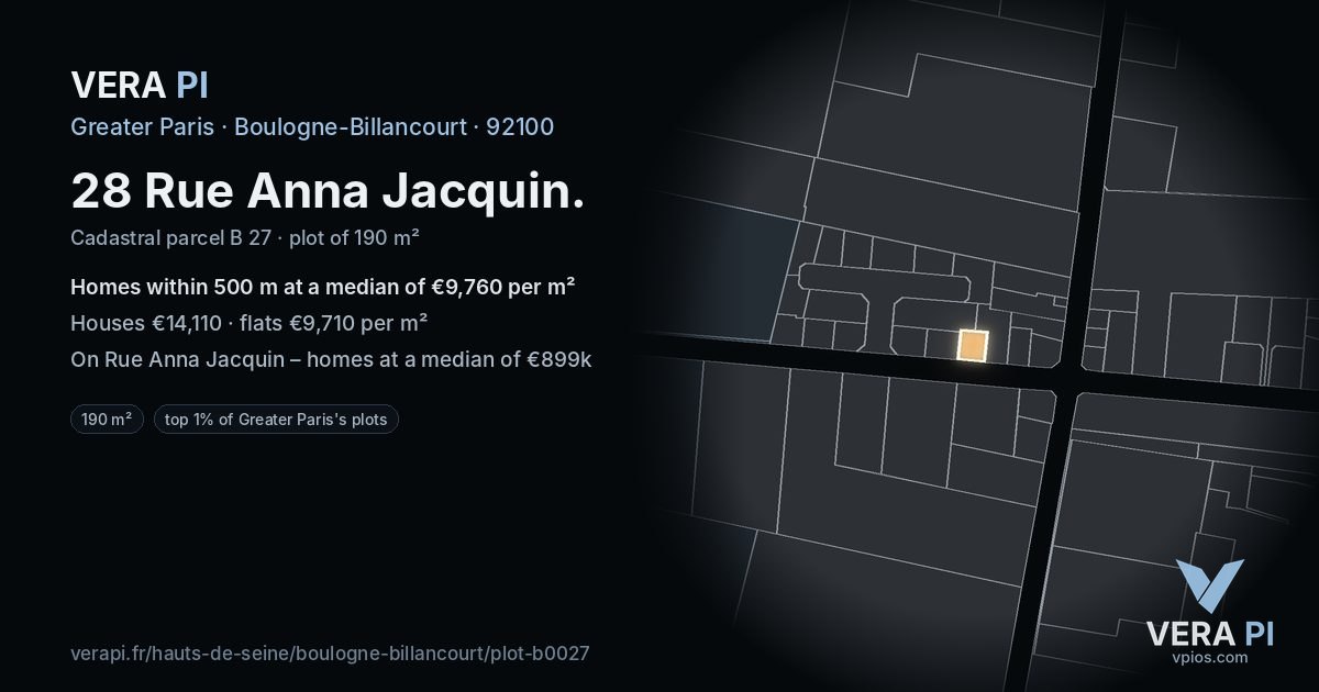 28 Rue Anna Jacquin, Boulogne-Billancourt at night – the plot lit, the parcels around coloured by the prices near them