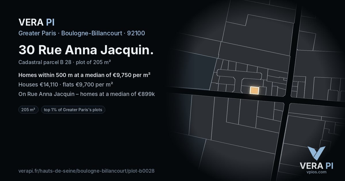30 Rue Anna Jacquin, Boulogne-Billancourt at night – the plot lit, the parcels around coloured by the prices near them