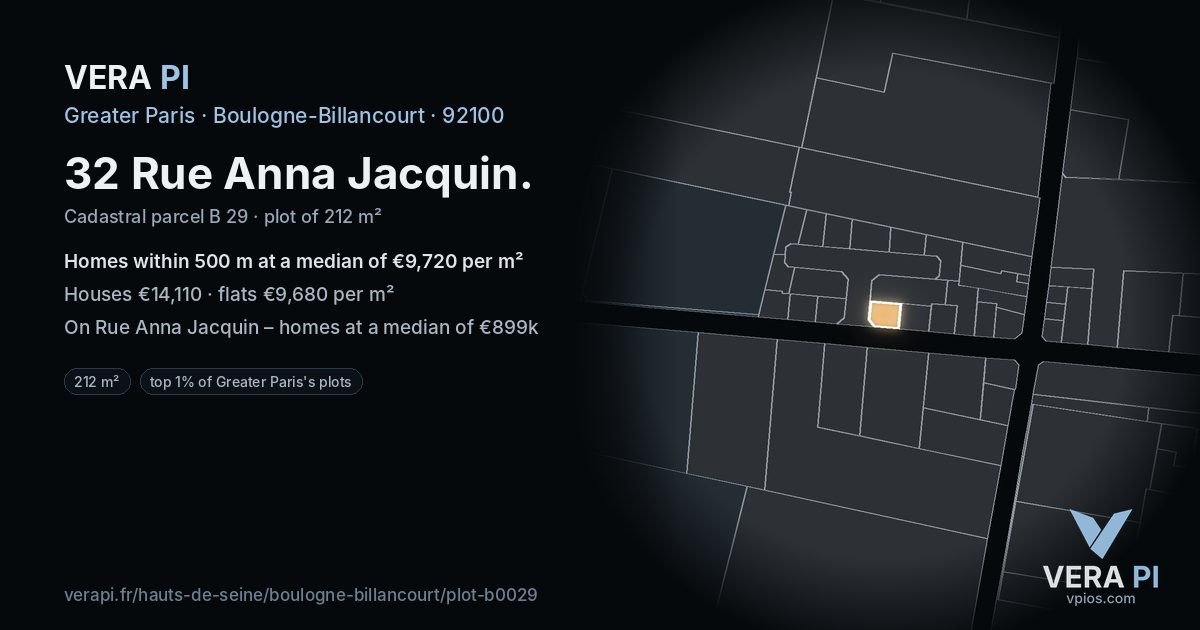 32 Rue Anna Jacquin, Boulogne-Billancourt at night – the plot lit, the parcels around coloured by the prices near them