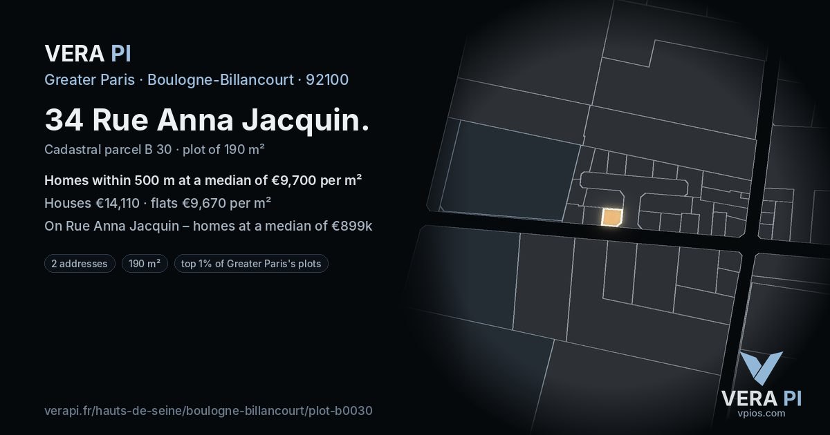 34 Rue Anna Jacquin, Boulogne-Billancourt at night – the plot lit, the parcels around coloured by the prices near them