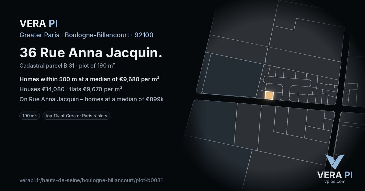 36 Rue Anna Jacquin, Boulogne-Billancourt at night – the plot lit, the parcels around coloured by the prices near them