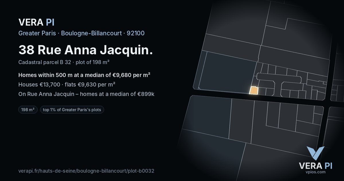 38 Rue Anna Jacquin, Boulogne-Billancourt at night – the plot lit, the parcels around coloured by the prices near them
