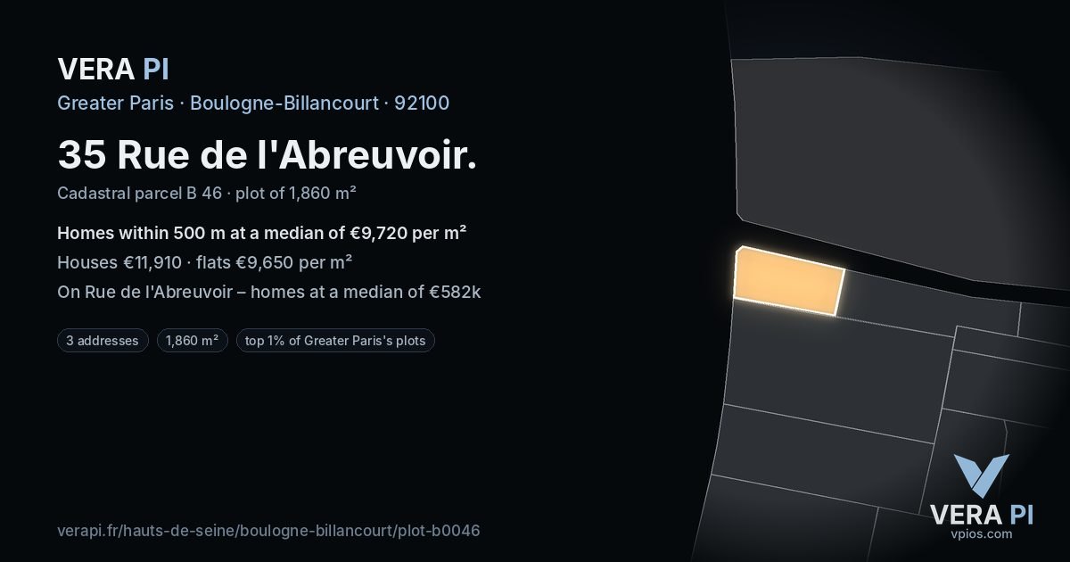 35 Rue de l'Abreuvoir, Boulogne-Billancourt at night – the plot lit, the parcels around coloured by the prices near them