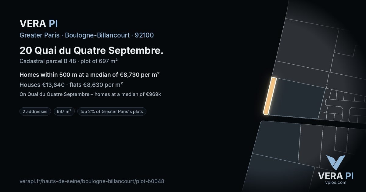20 Quai du Quatre Septembre, Boulogne-Billancourt at night – the plot lit, the parcels around coloured by the prices near them