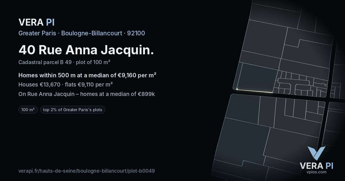 40 Rue Anna Jacquin, Boulogne-Billancourt at night – the plot lit, the parcels around coloured by the prices near them