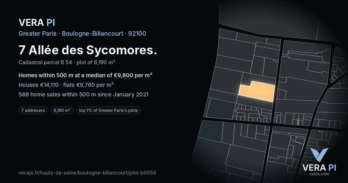 7 Allée des Sycomores, Boulogne-Billancourt at night – the plot lit, the parcels around coloured by the prices near them