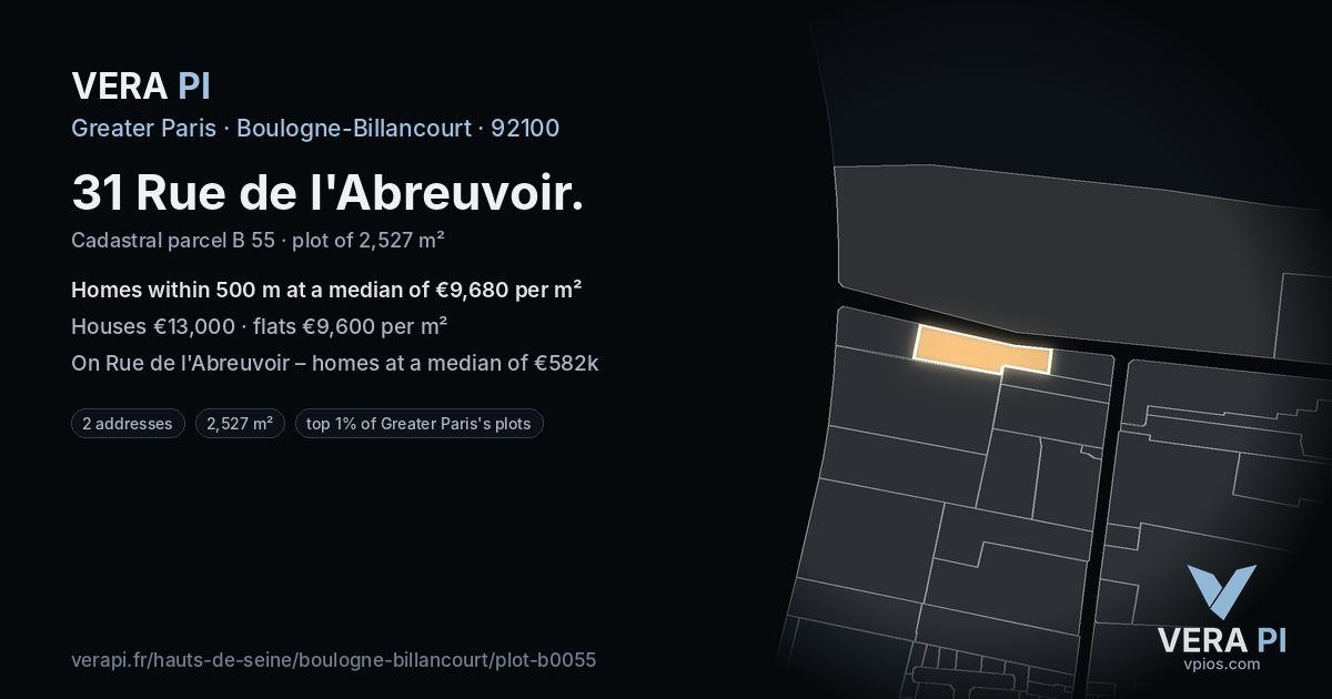 31 Rue de l'Abreuvoir, Boulogne-Billancourt at night – the plot lit, the parcels around coloured by the prices near them