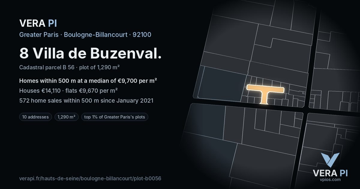 8 Villa de Buzenval, Boulogne-Billancourt at night – the plot lit, the parcels around coloured by the prices near them