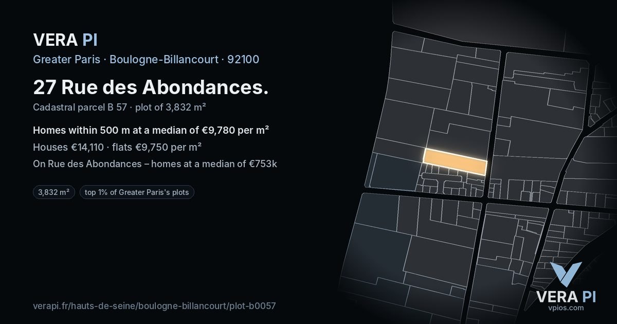 27 Rue des Abondances, Boulogne-Billancourt at night – the plot lit, the parcels around coloured by the prices near them