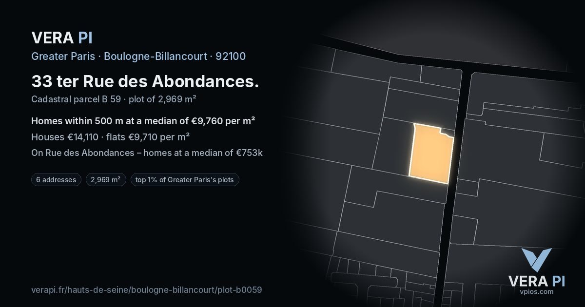 33 ter Rue des Abondances, Boulogne-Billancourt at night – the plot lit, the parcels around coloured by the prices near them