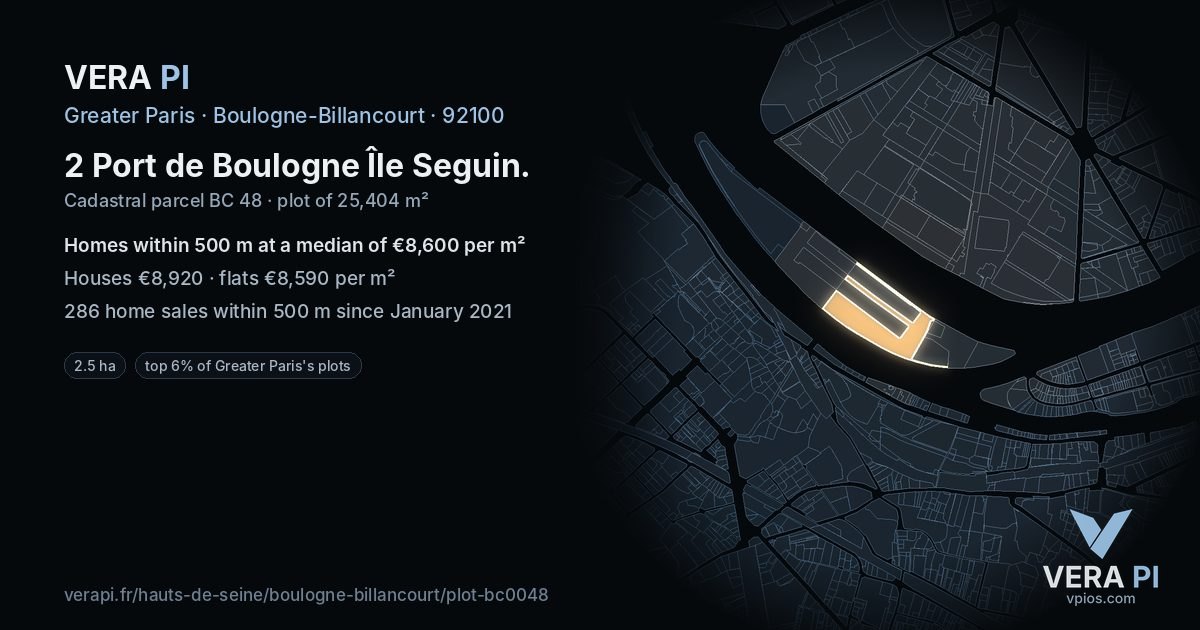 2 Port de Boulogne Île Seguin, Boulogne-Billancourt at night – the plot lit, the parcels around coloured by the prices near them